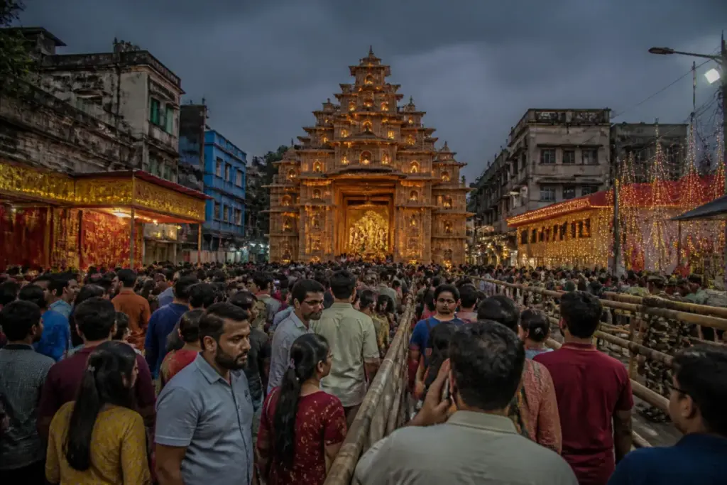 Kolkata stampede aftermath near a crowded puja pandal entrance