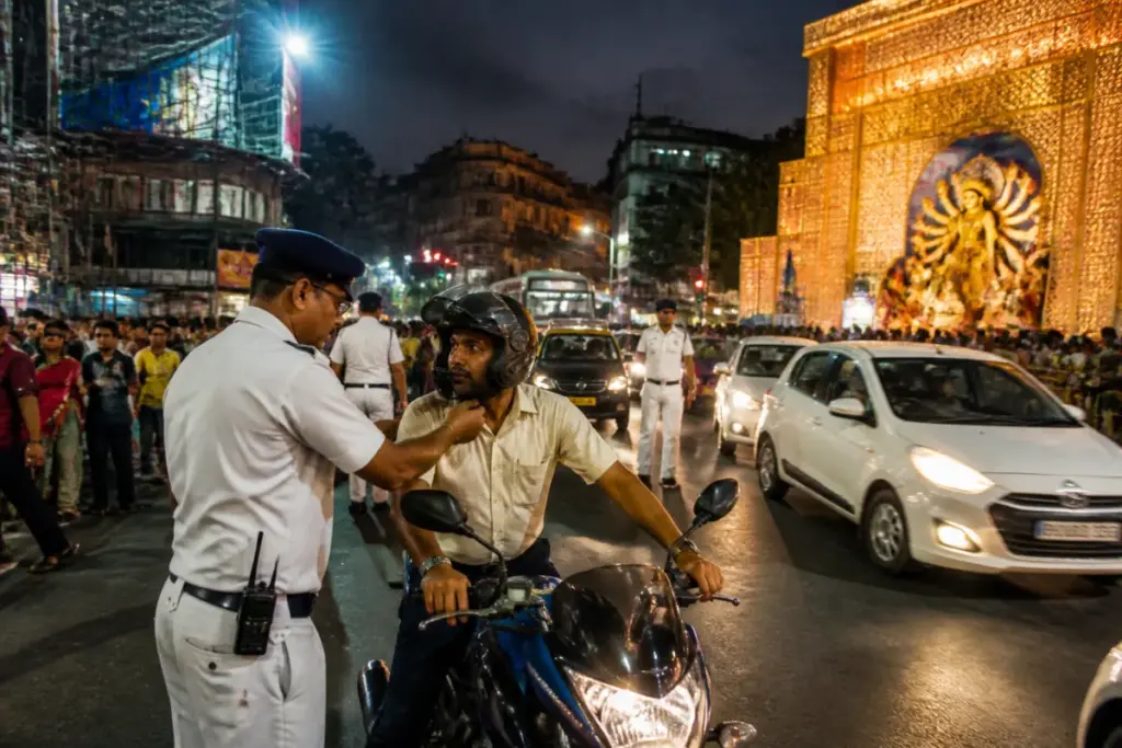 Kolkata traffic police checking vehicles during Durga Puja night patrols