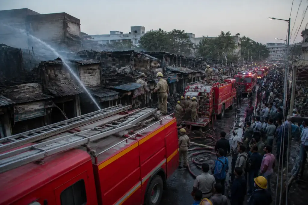 Fire engines responding to the Baghajatin Market fire in south Kolkata