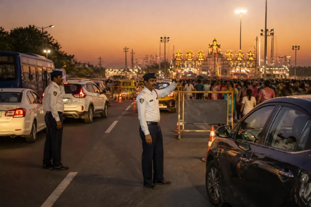 Delhi traffic advisory showing police managing vehicles near a crowded Dussehra venue