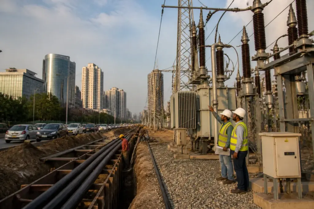 Haryana power distribution infrastructure with electricity lines and substations in Gurugram