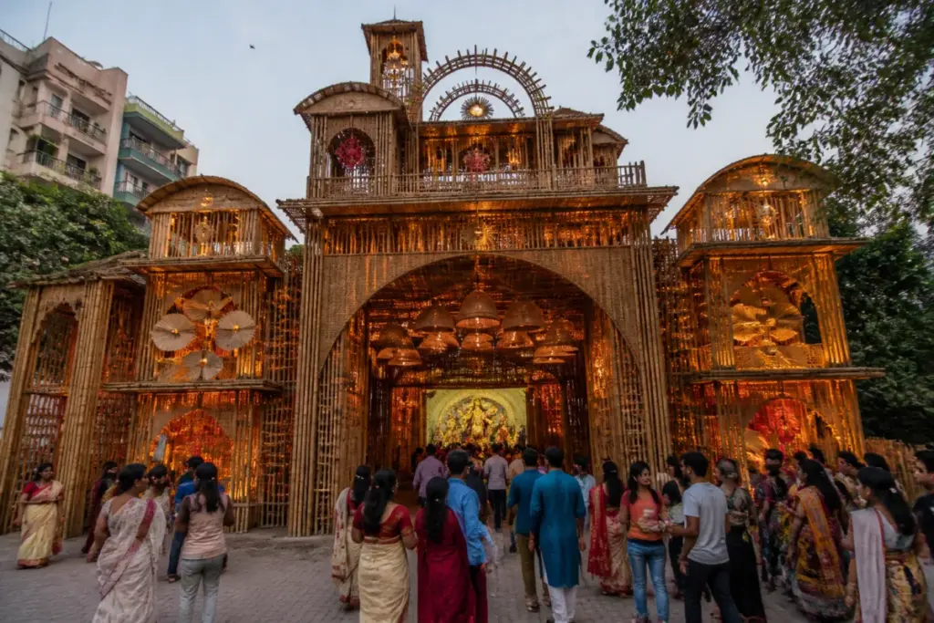 Delhi Durga Puja pandal built with bamboo and jute in CR Park
