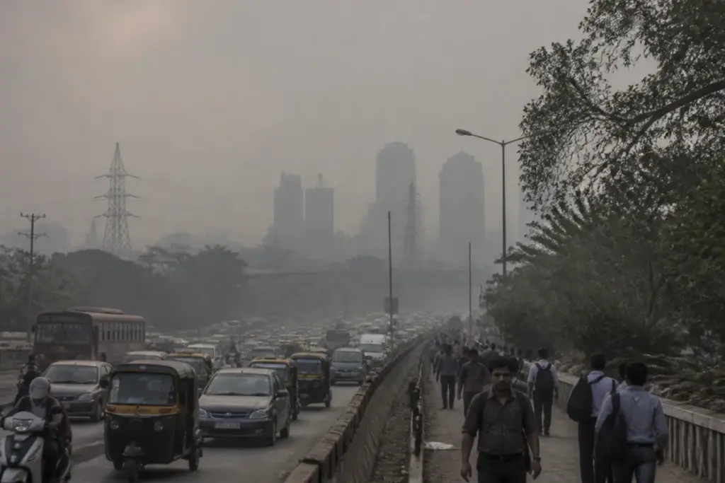 Mumbai air pollution haze over the city skyline and congested urban roads