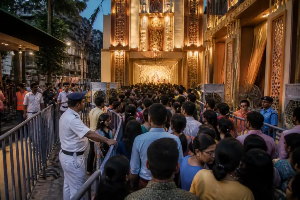 Kolkata Durga Puja pandal with crowds and safety arrangements under inspection