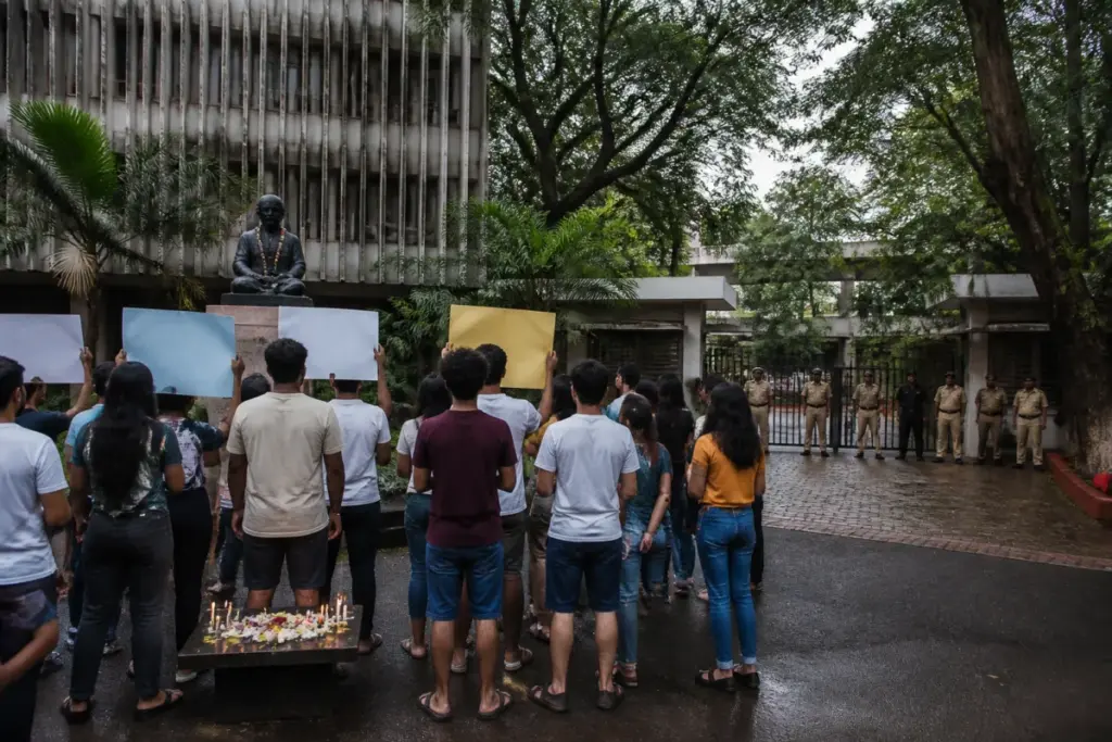 IIT Bombay student death case protest near the institute campus with security personnel on guard