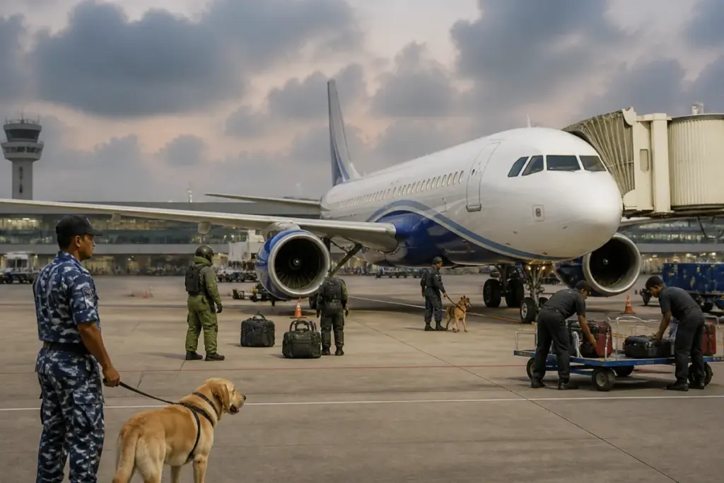 Security teams inspect an IndiGo aircraft after a Chennai airport bomb threat.