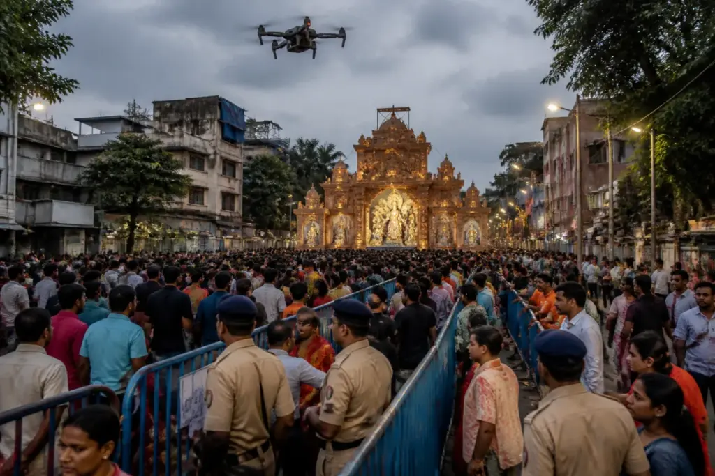 Drone surveillance over a crowded Durga Puja pandal in Barrackpore
