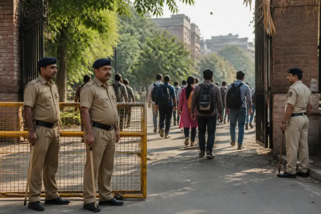 Delhi Police alert near a Delhi university campus with security personnel and students