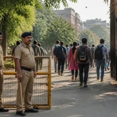 Delhi Police alert near a Delhi university campus with security personnel and students