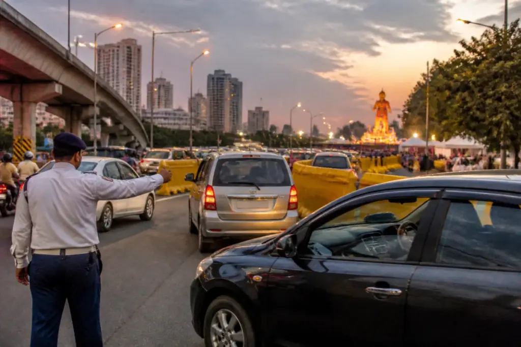 Delhi-Noida traffic diversion signs and vehicles near a Dussehra event route