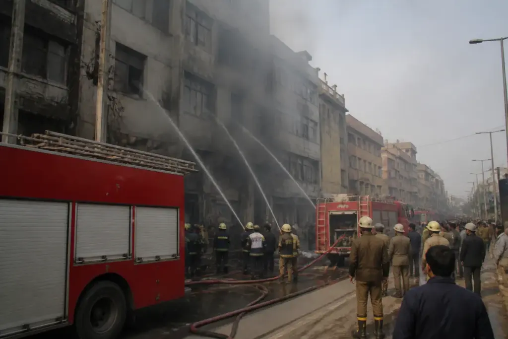 Firefighters tackle a Delhi factory fire in a multistorey building near Peeragarhi.