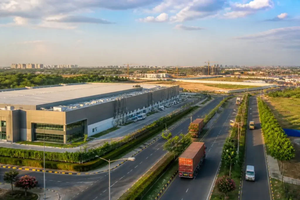 Uttar Pradesh semiconductor ecosystem near the Yamuna Expressway with an industrial technology park and modern infrastructure
