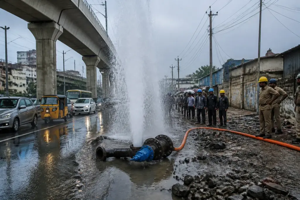 Damaged Krishna water pipeline near Nagole disrupting Hyderabad water supply