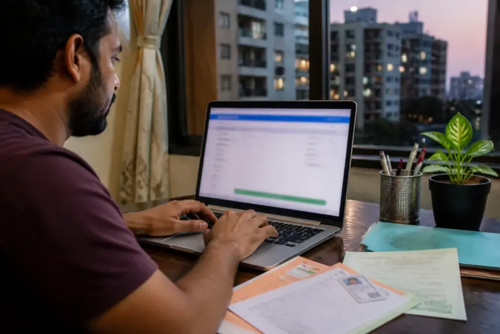 MHADA Pune housing applicants completing an online application on a laptop
