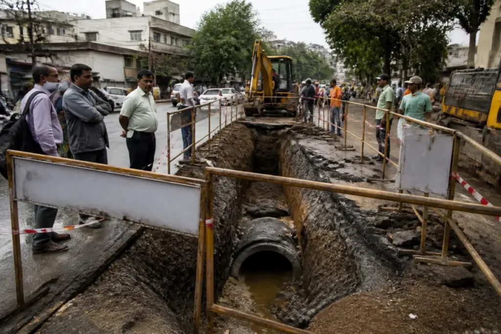 Pune excavation death site showing a road trench linked to sewer work in Yerawada