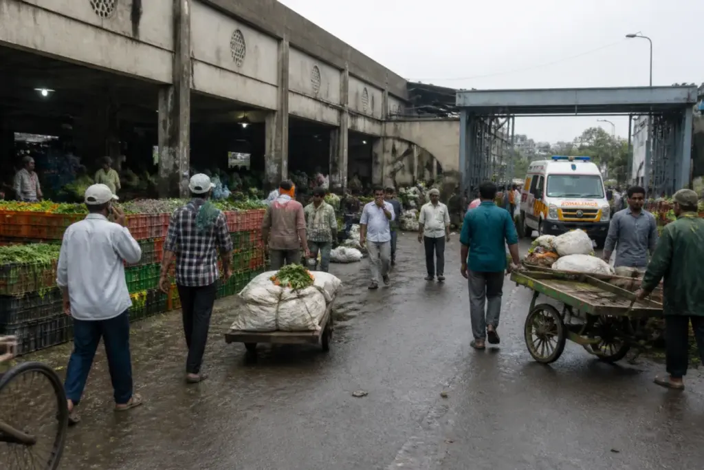 Pune Market Yard ambulance near a busy wholesale market in Gultekdi