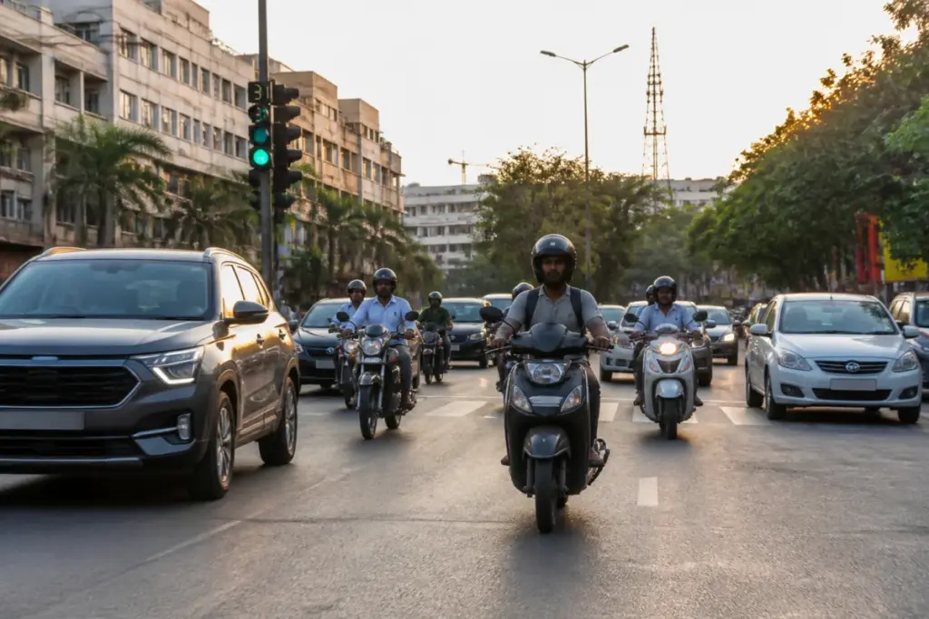Pune vehicle registrations at an urban road intersection with cars and two-wheelers