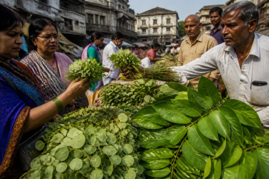 Pune apta leaves and substitute Bauhinia branches displayed for sale at a Dussehra market