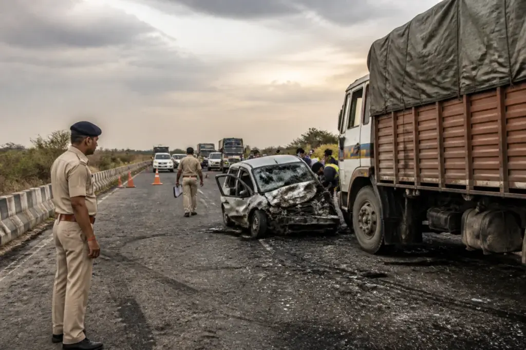 Gujarat road accidents scene involving a damaged car and emergency response on a highway