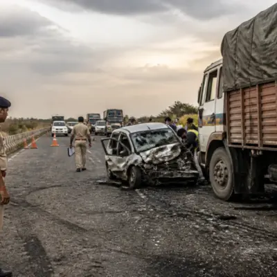 Gujarat road accidents scene involving a damaged car and emergency response on a highway
