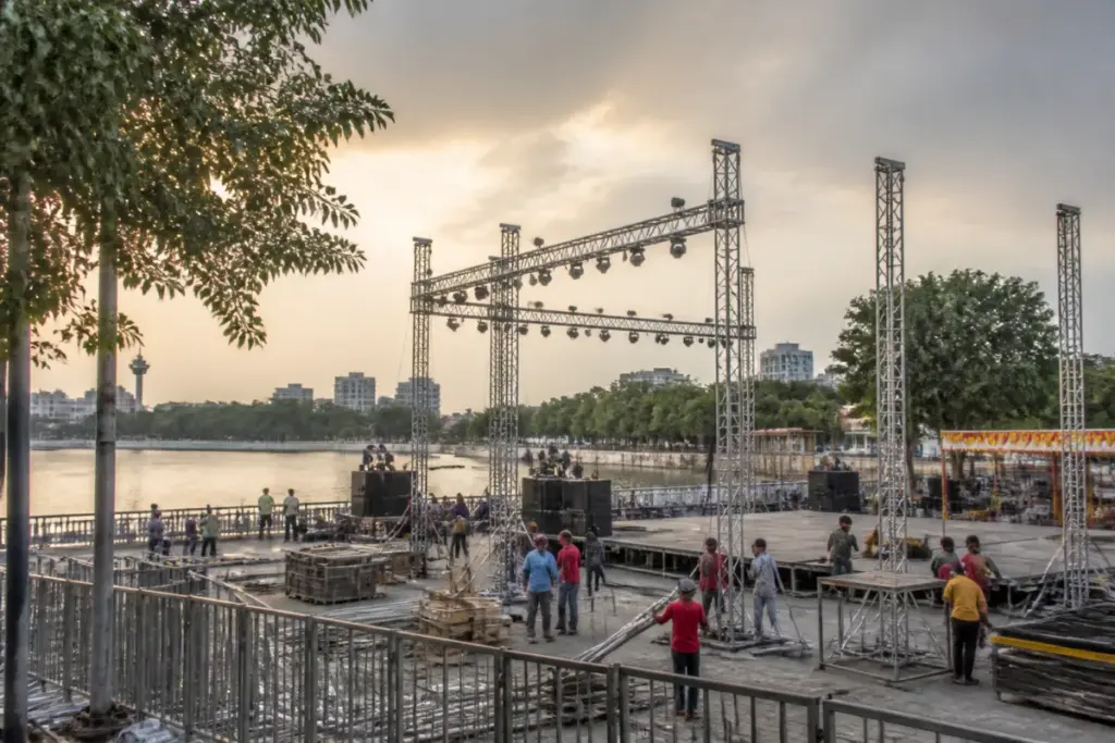 AMC garba event preparations at Ahmedabad’s Kankaria Lakefront