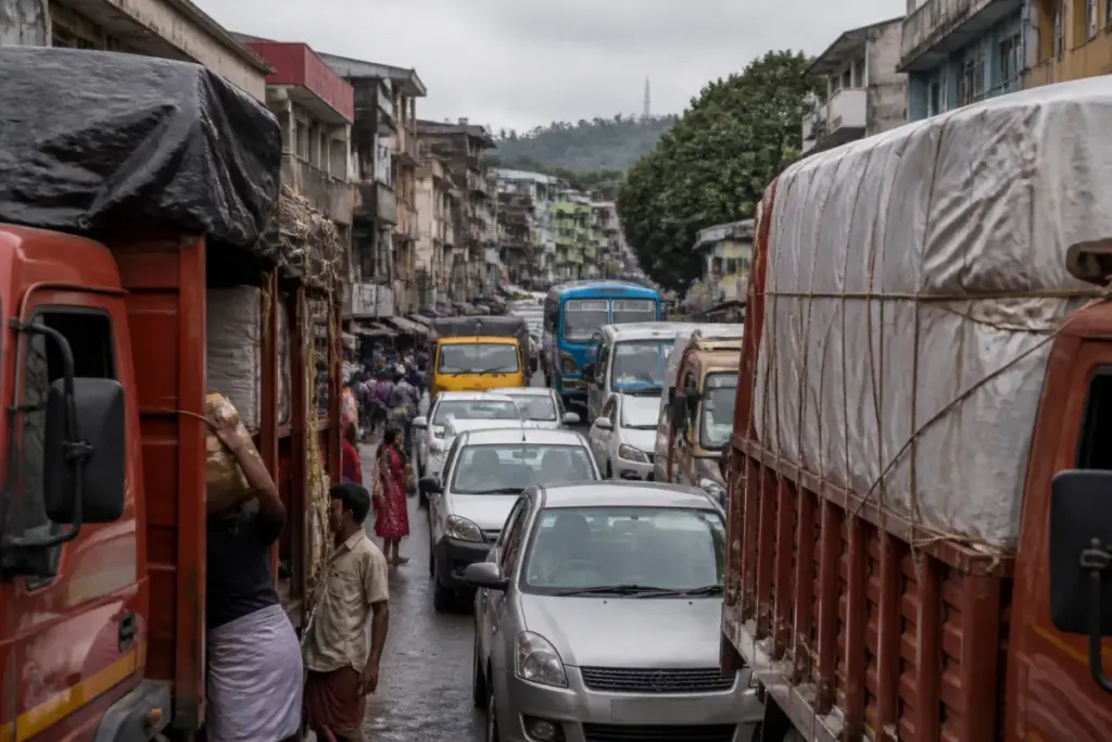 Muvattupuzha traffic jam caused by roadside trucks near a busy market road