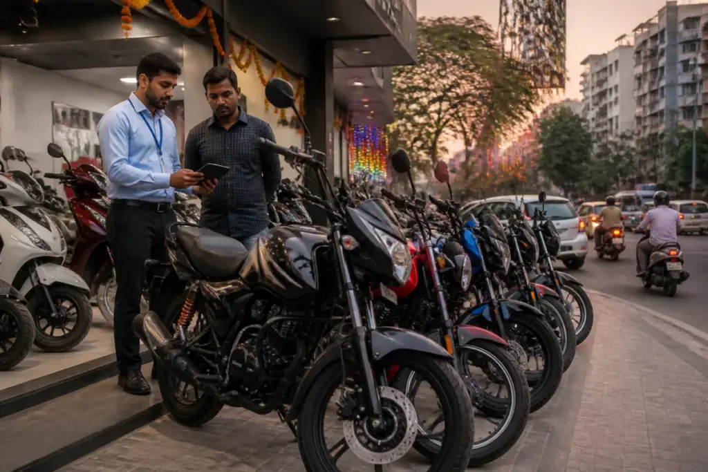 Motorcycle discounts displayed at an Indian two-wheeler dealership