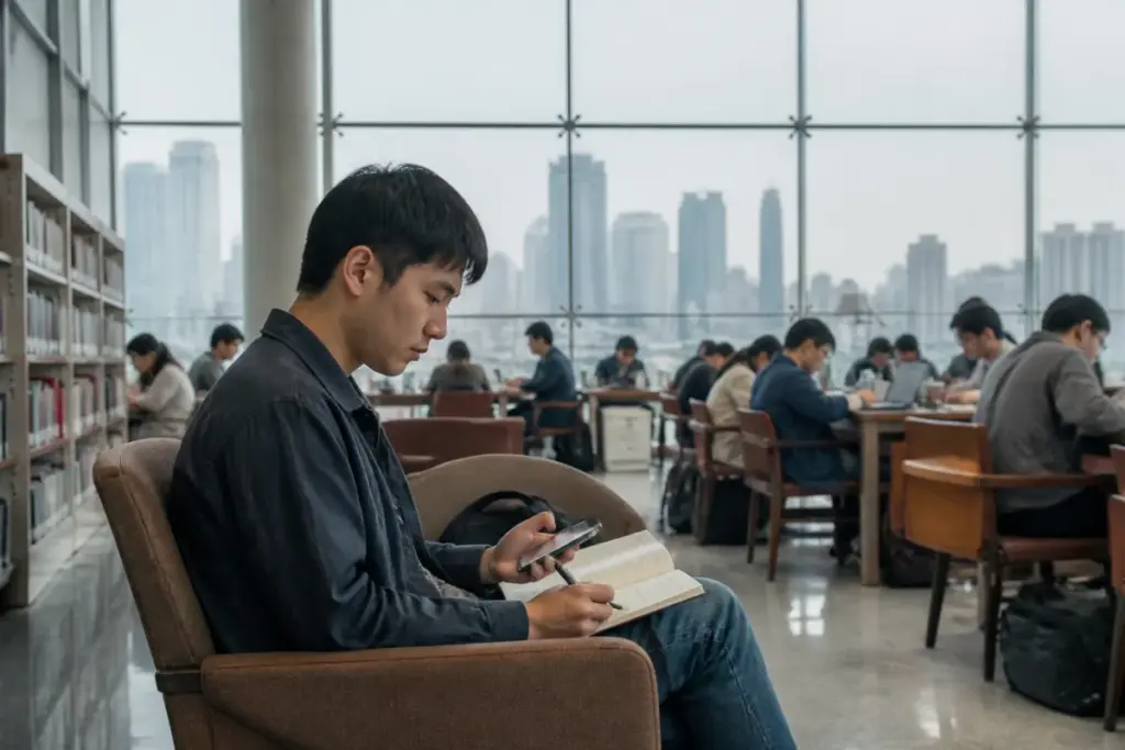 China unemployment crisis reflected by an empty-looking worker in a busy weekday city library
