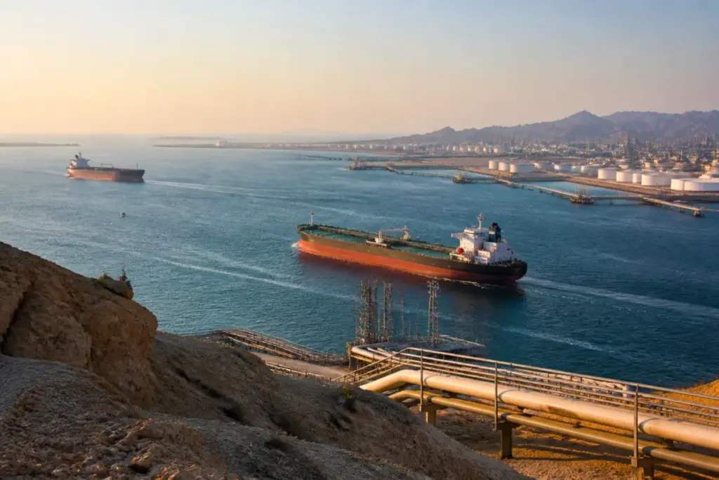 Strait of Hormuz shipping route with Gulf energy infrastructure and an industrial port