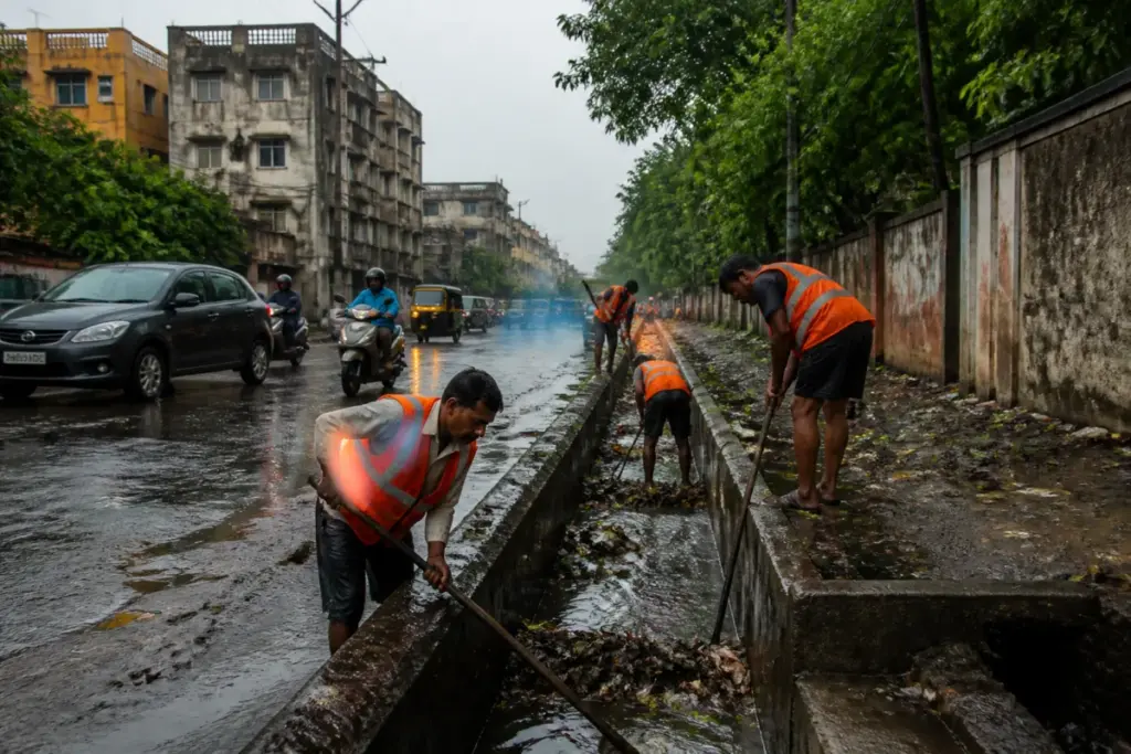 Tamil Nadu monsoon preparedness with a Chennai stormwater drain beside a rain-soaked urban road
