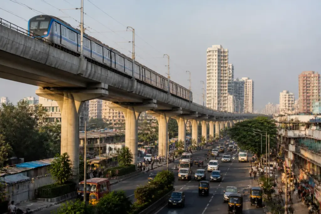 Mumbai Metro Line 9 construction and elevated viaduct near Mira-Bhayandar