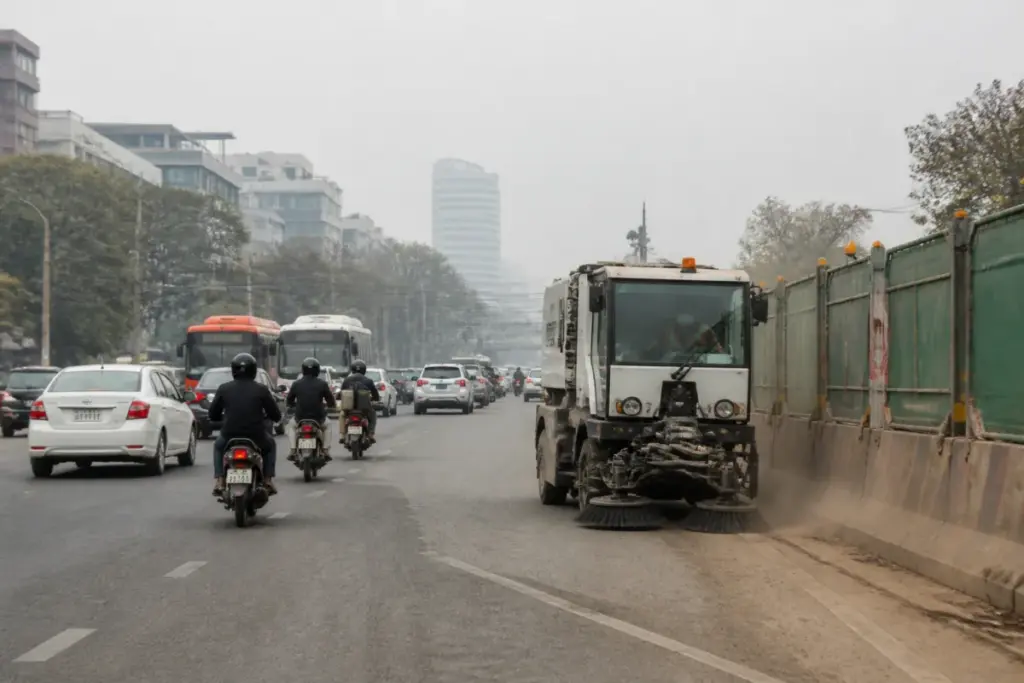 Delhi winter action plan covering traffic and construction pollution controls on a city road