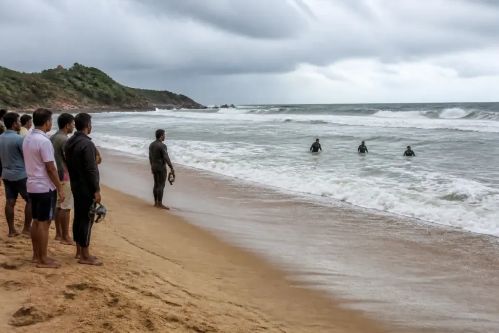 Search teams at Ganagallavanipet beach after the Srikakulam beach drowning incident