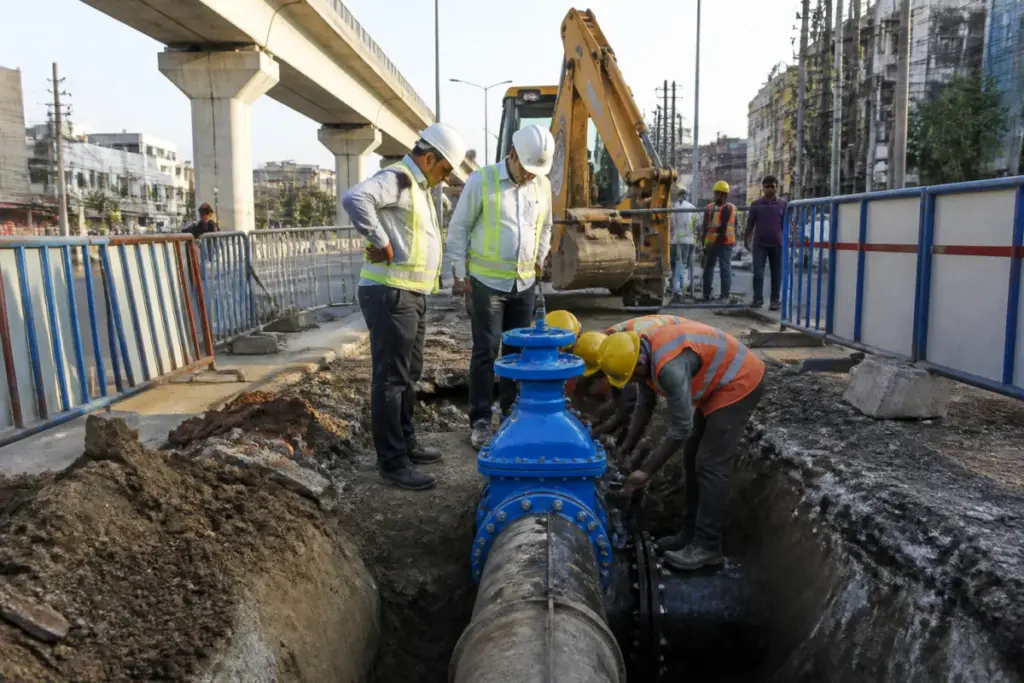 Hyderabad water supply pipeline near Nagole Metro Station after valve repairs