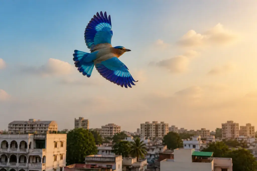 Palapitta, or Indian Roller, flying freely in Hyderabad during Dasara season