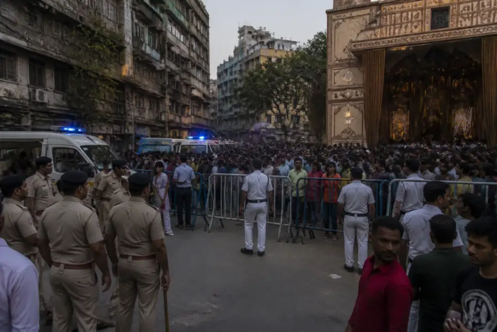 Police and crowds near a Kolkata Durga Puja pandal after the Kolkata stampede