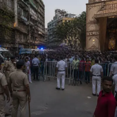 Police and crowds near a Kolkata Durga Puja pandal after the Kolkata stampede