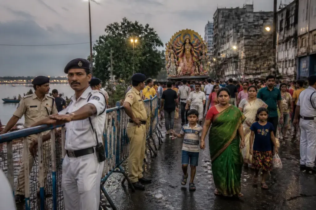 Kolkata Durga immersion security officers managing a crowded urban procession route