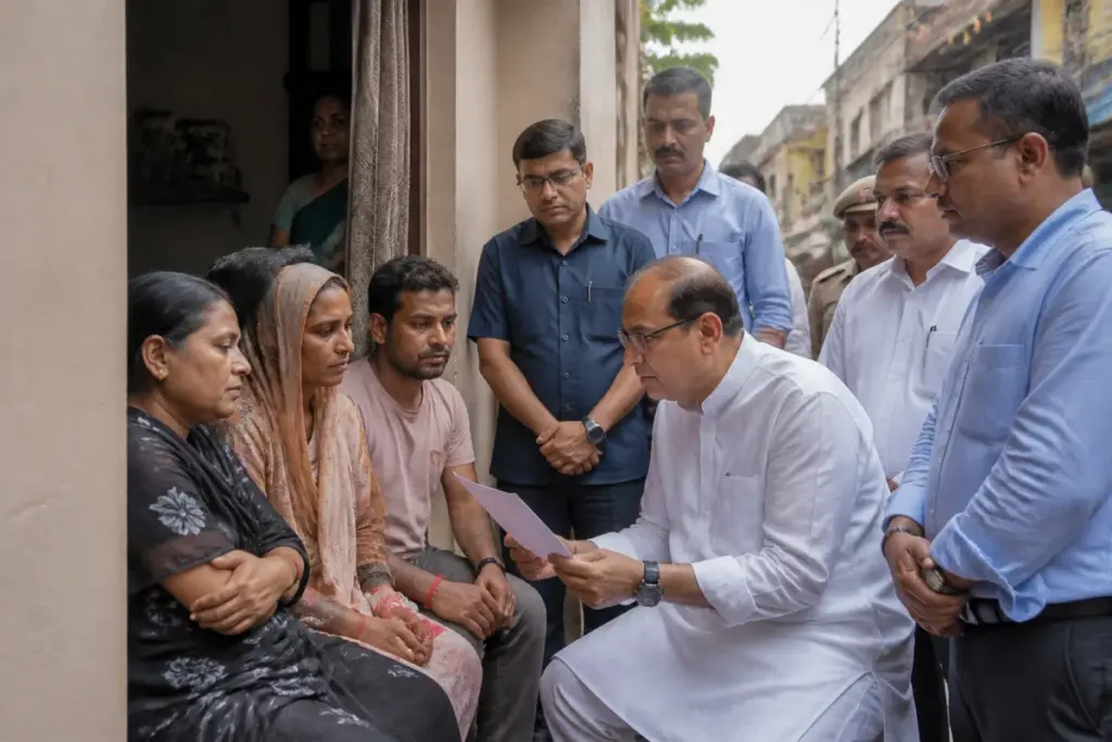 Officials visiting a family after the Chorbagan stampede in West Bengal
