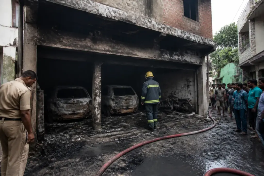 Liluah garage fire damage involving cars and motorcycles at a Howrah residence