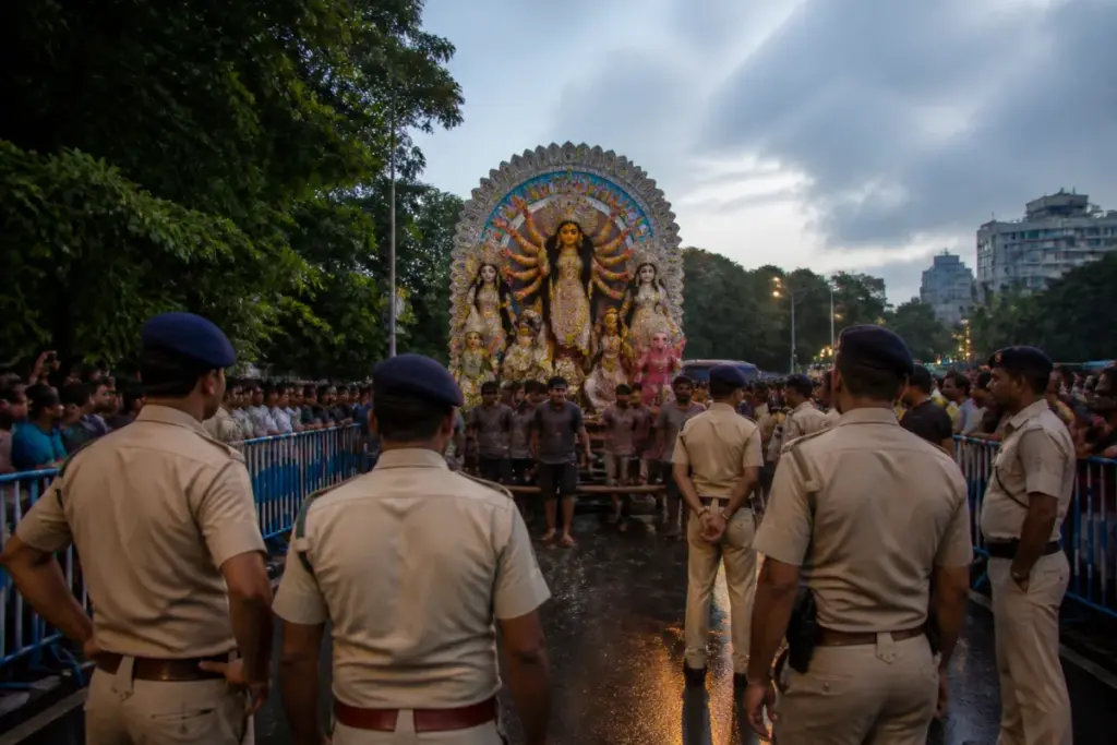 Kolkata Durga idol immersion route monitored by police officers and crowd-control teams