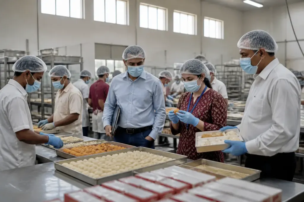 Delhi food safety inspectors checking hygiene at a sweets manufacturing unit