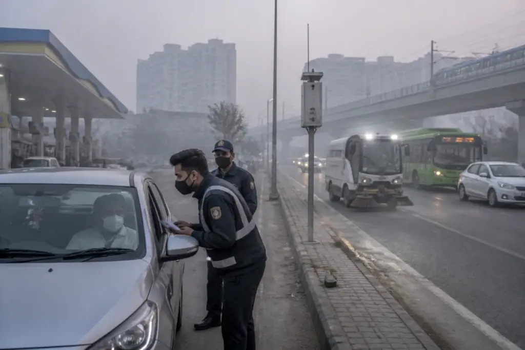 Delhi winter pollution plan enforcement on a busy road with buses and pollution-control teams