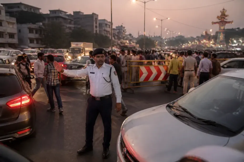 Delhi Dussehra traffic advisory near a crowded road and traffic police personnel