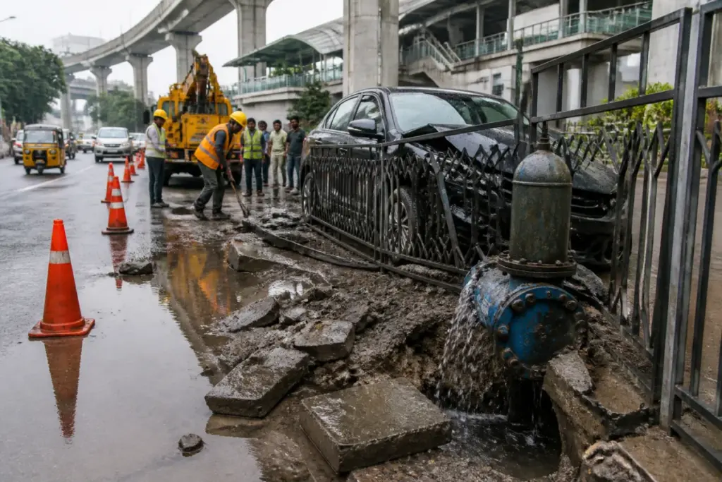 Damaged Krishna Phase-2 pipeline near Nagole after a crash disrupted Hyderabad water supply