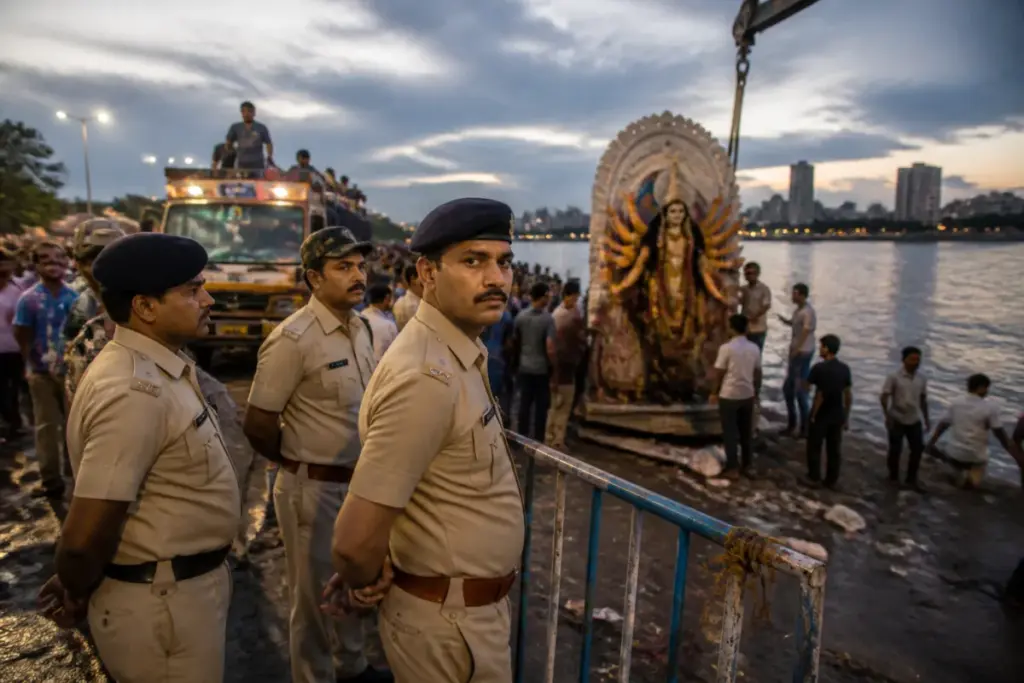 Kolkata immersion security with police officers overseeing a busy river ghat