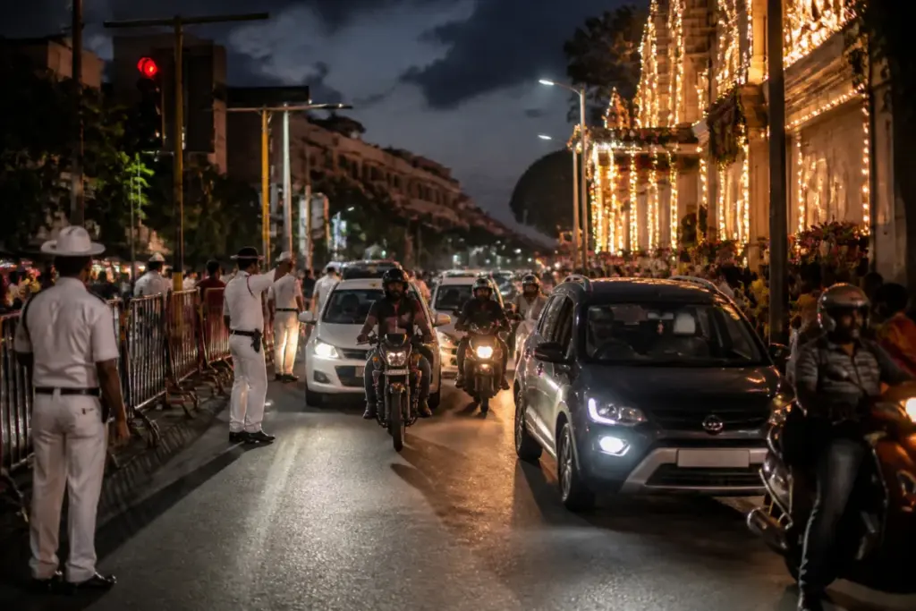 Kolkata traffic police monitor roads during Durga Puja amid increased traffic violations.