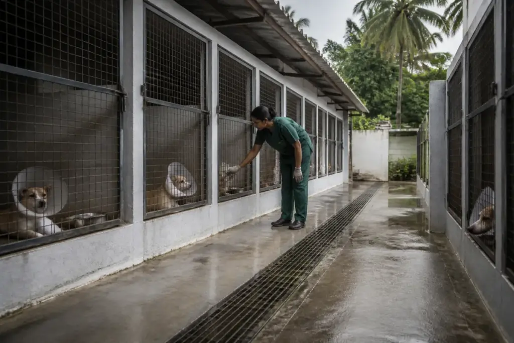 Pollachi ABC centre kennel area where sterilised stray dogs are kept