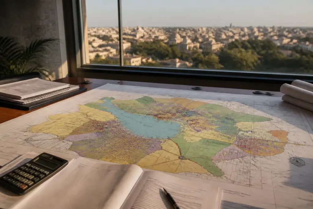 Bhopal master plan 2047 documents and a city planning map on a desk