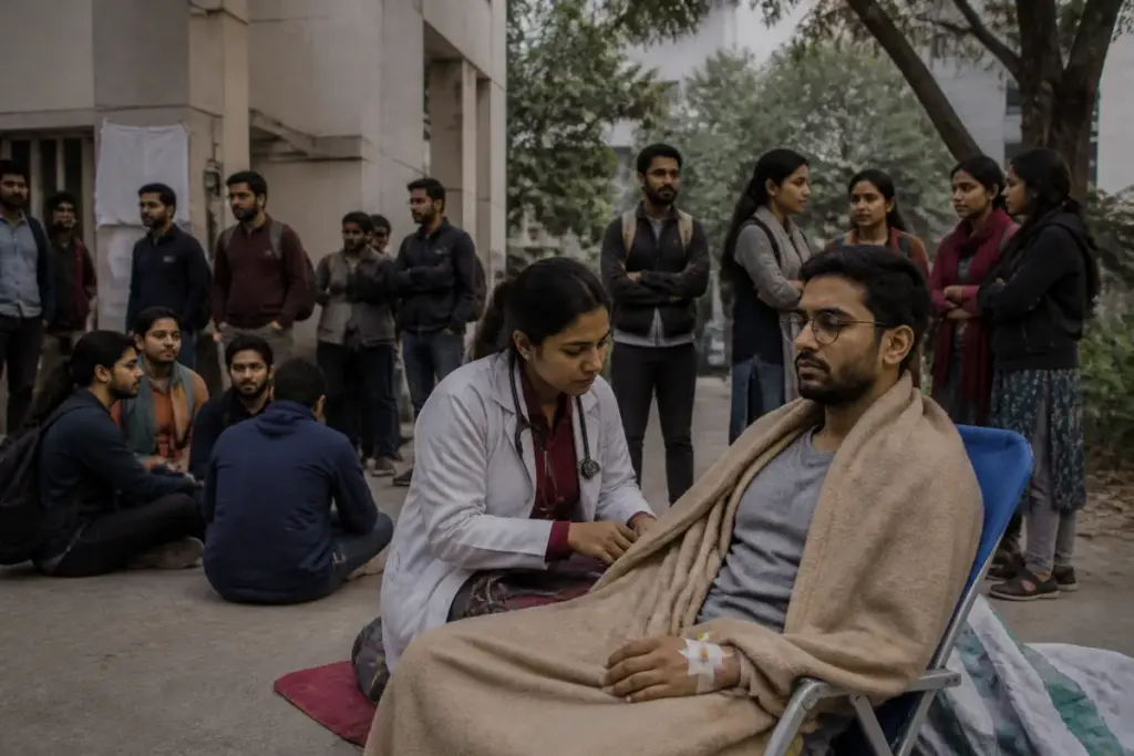 Jamia hunger strike protest near Jamia Millia Islamia with students gathered outside the university